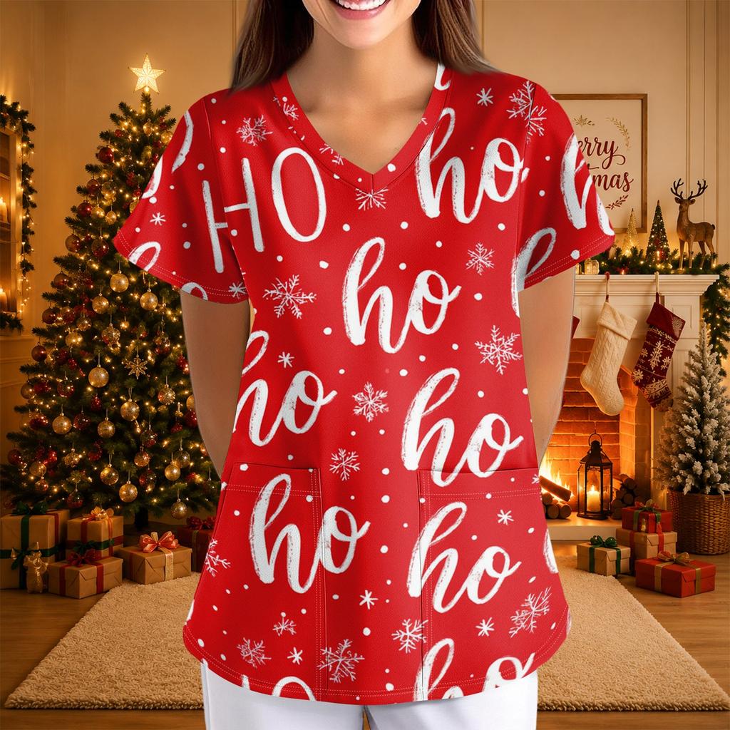 Women's Casual Fashion Printed Neck Top with Three-Quarter Sleeves for Christmas