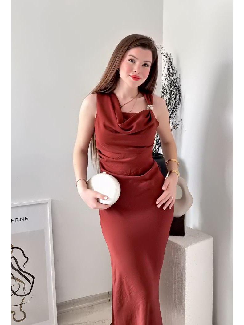 

Летнее европейско-американское платье с драпированным вырезом, на бретелях-спагетти, приталенное, с облегающим бедра кроем Extra Small светло-коричневого