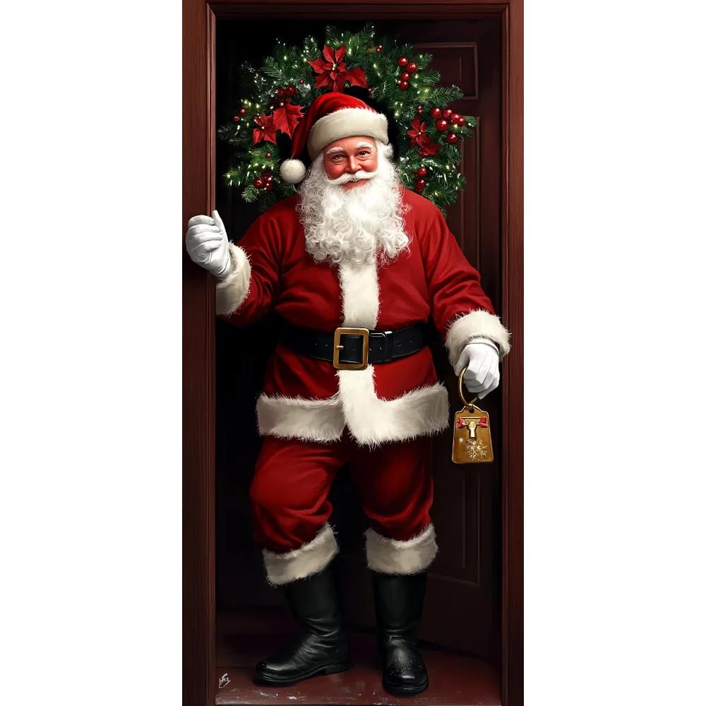 Vivid Santa Claus Send Gift Christmas Door Cover 35.43*72.83inch Banner Front Door Decoration 2025 Christmas Home Party Supplies