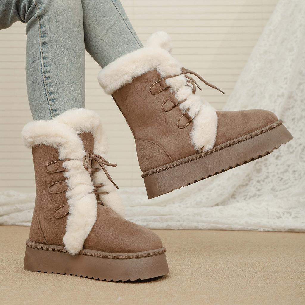 Fashion Khaki Platform Versatile Tall Snow Boots Women's 2025 Autumn and Winter New Warm and Heightening Snow Boots Cotton Shoes