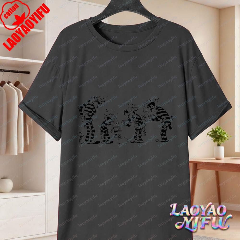Lucky Luke Vollbesetzung Druck Lässige Oberteile Verspieltes West-Cartoon Baumwoll-T-Shirt Lustiges Vintage Klassisches Anime-Shirt Trend Unisex Kleidung