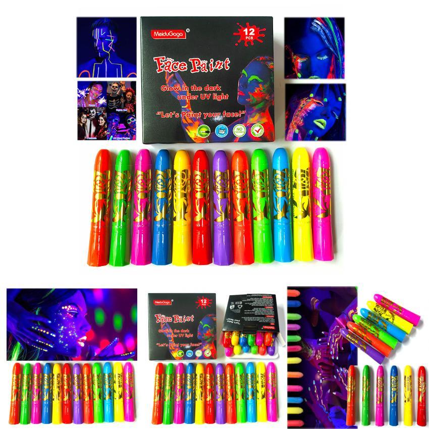 12pcs Noctilucent Human Body Painting Crayon Makeup Pigment For Halloween Costume Parties