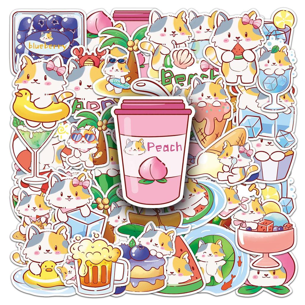 50 Summer Kitten Doodle Stickers Cartoon Cute Creative Decorative Water Cup Mobile Phone Small Mochi Stickers