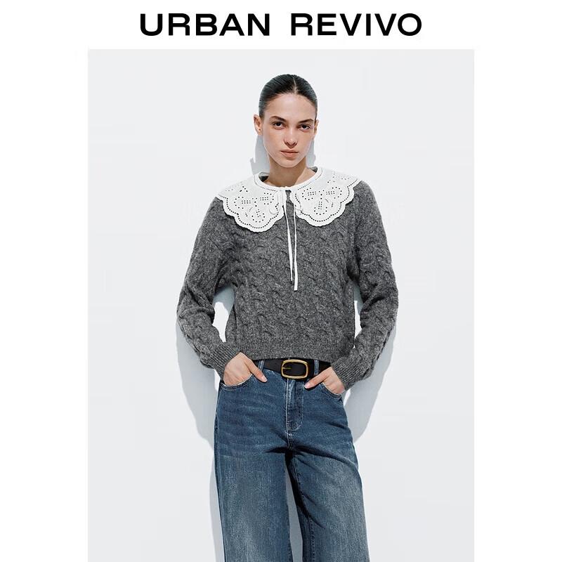 

UR 2025 Осень Женский свитер крупной вязки с полым кружевным воротником XL