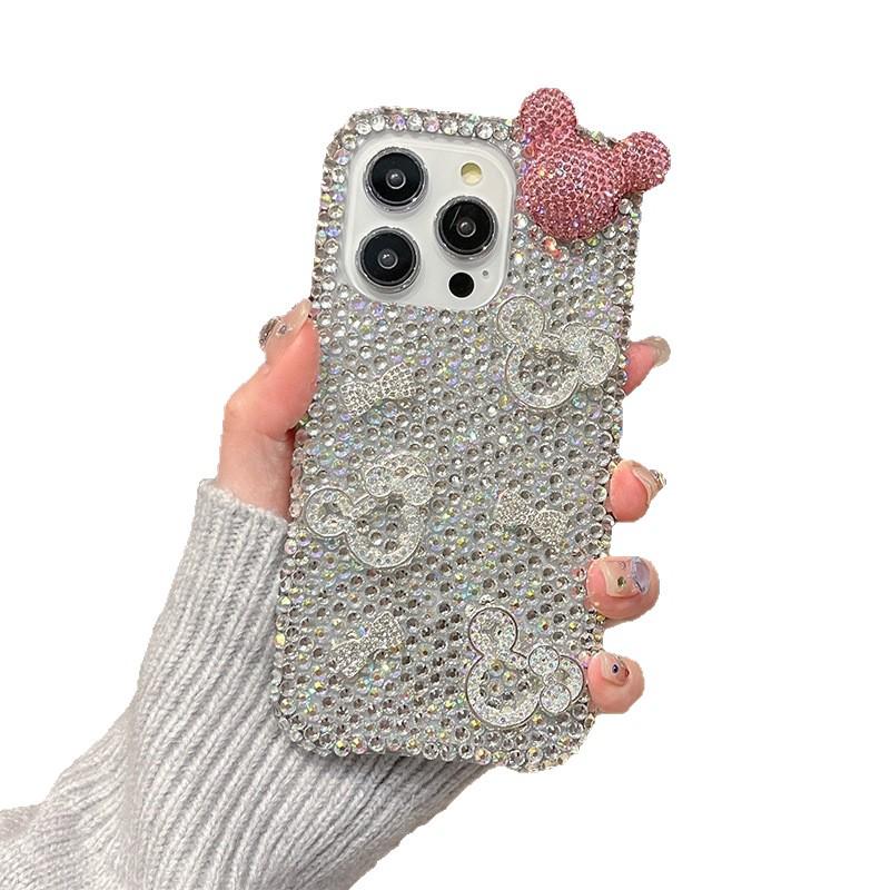 Trendy Rhinestone Kitty Bow Case for iPhone 11, 15, & 17 Pro Max - Shiny Design for Women