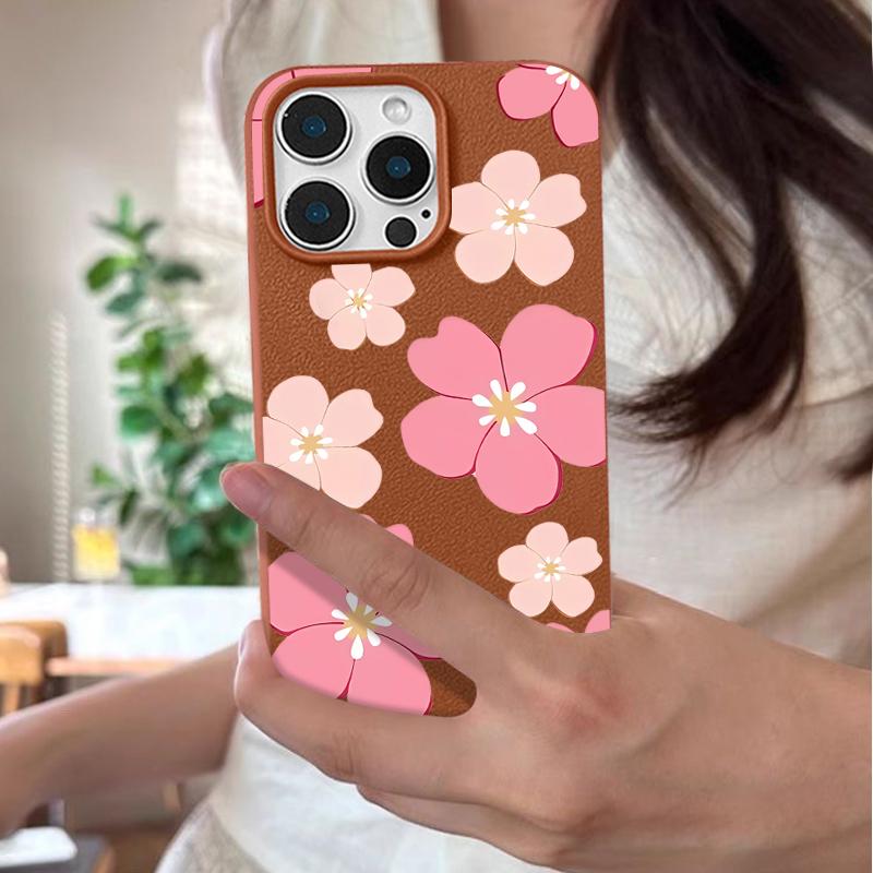 Fresh Style Cherry Blossom Pattern Case For iPhone 17 Pro Max Leather Texture Soft Silicone Cover For iPhone 16 15 14 13 Pro 12 11 16E Air