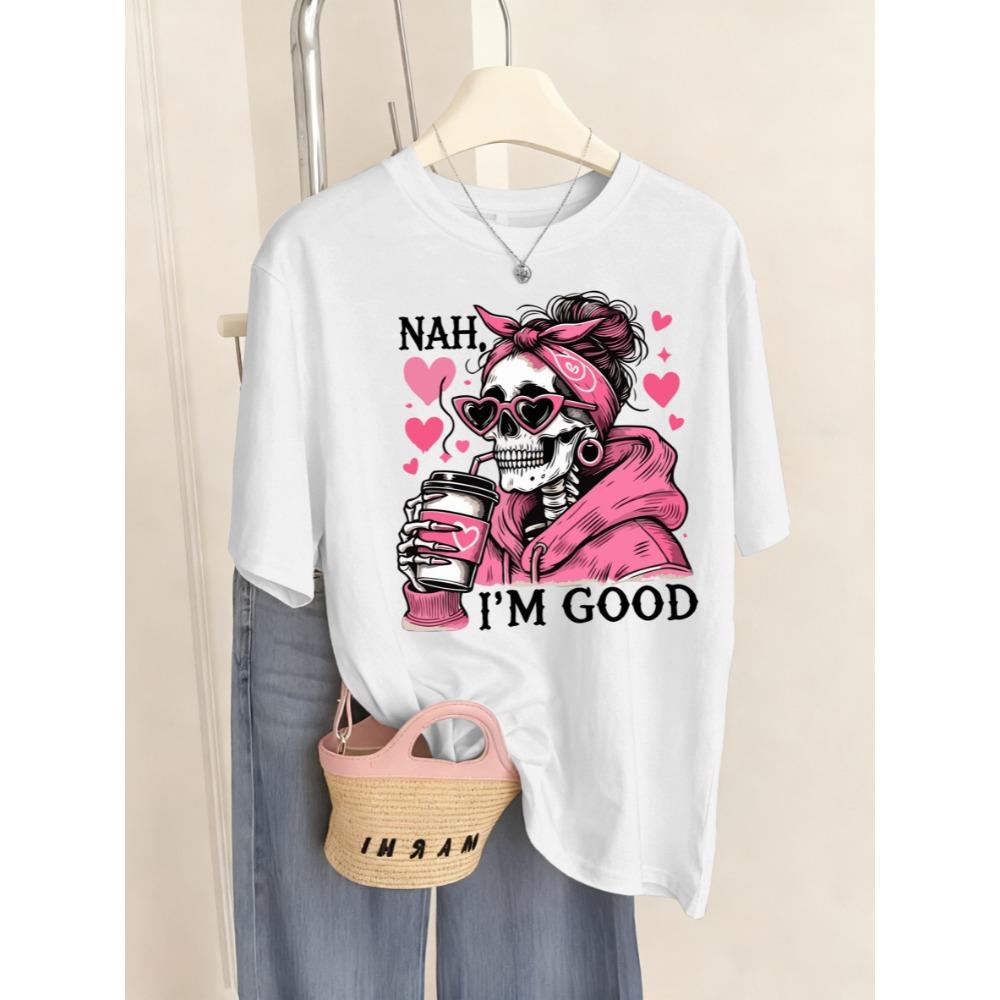 

I M Good Coffe Heart Skulls Print T-Shirt Women Summer Breathable T Shirts Jogging Short Sleeves Trendy Streetwear S