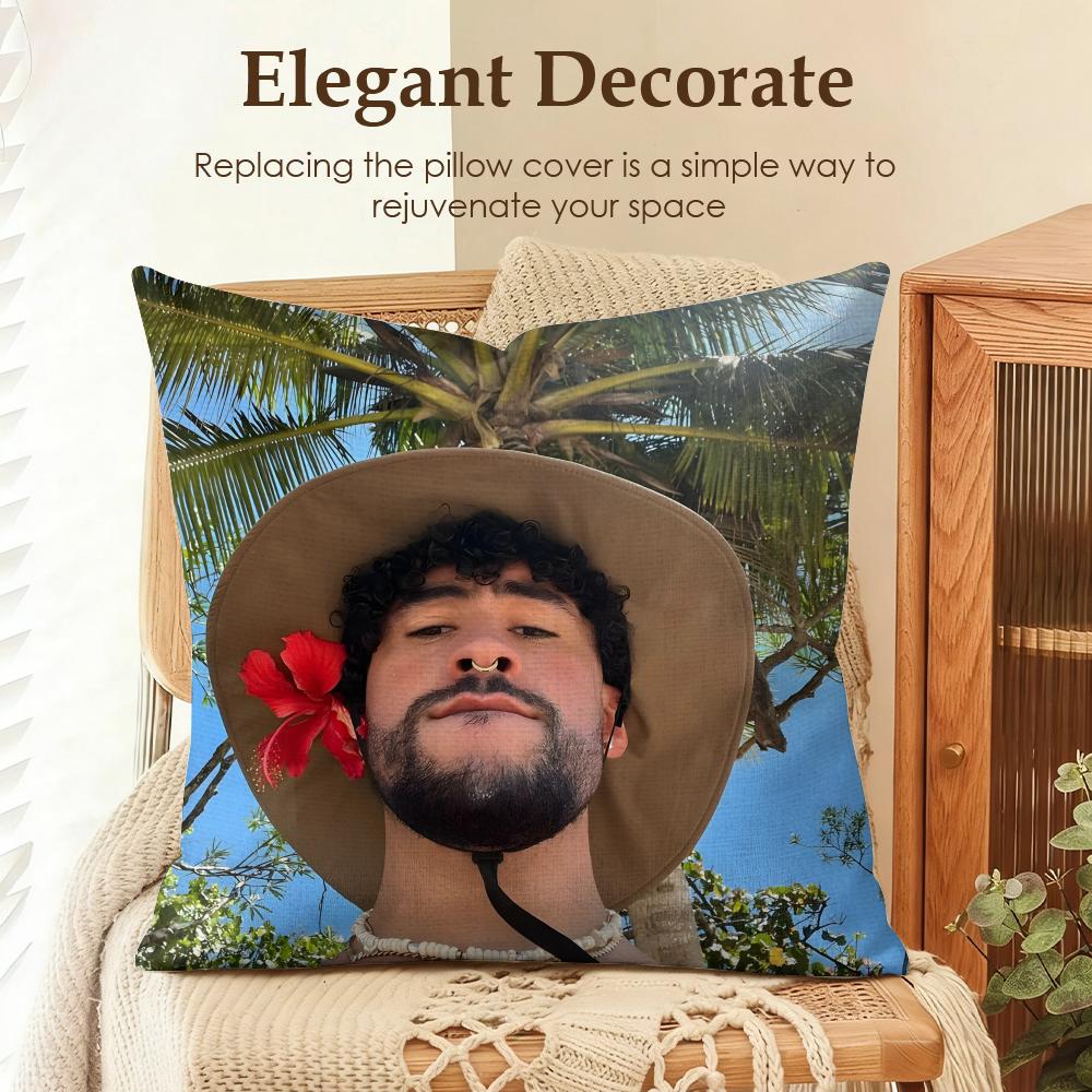 

Singer BBad bunny Cushion Cover Natural Linen Organic Fabric DoubleSided Printing Sofa Home Decor Gift Pillow Case 30x30cm