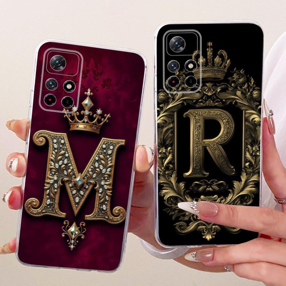 For Xiaomi Poco M4 Pro 5G Case Transparent Luxury Crown A-Z Letters 2D Flat Pattern Soft Phone Case 21091116AG MZB0BGVIN