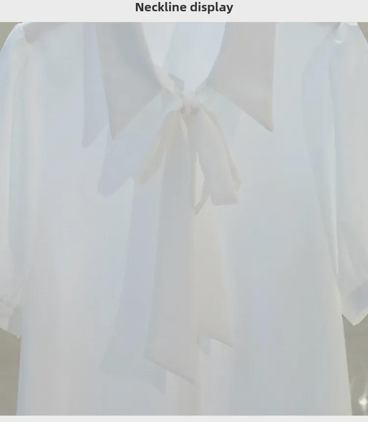 Women's White Chiffon Bow Tie Shirt - Summer Short-Sleeved Professional Top