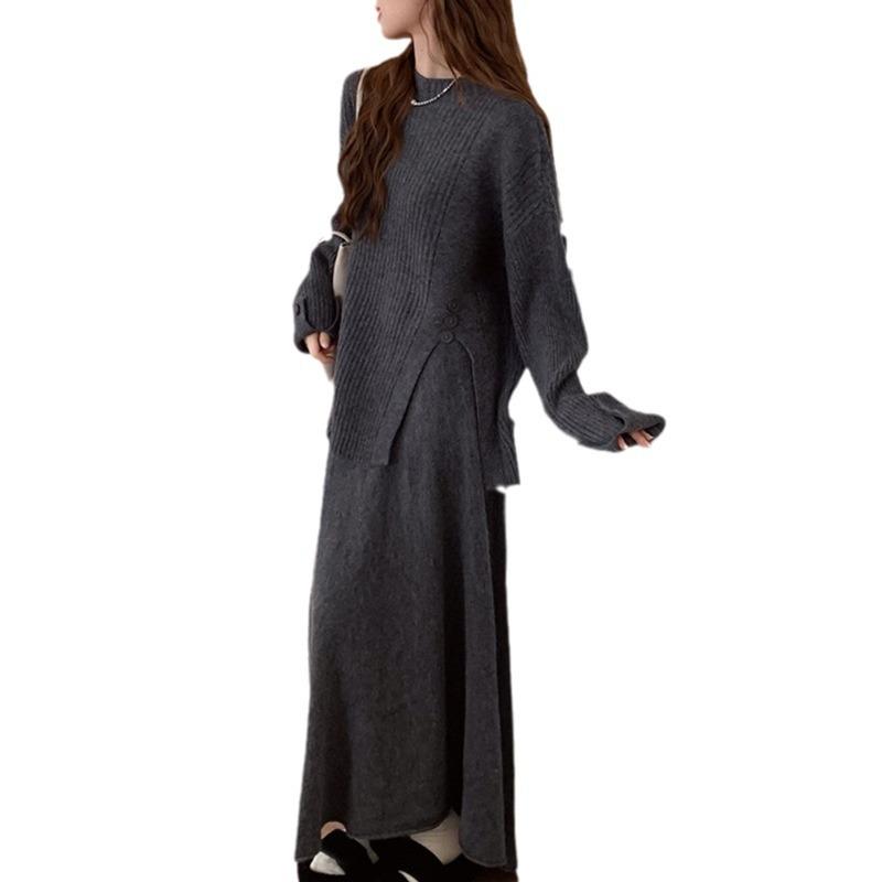 Autumn and Winter Women's Knitted Round Neck Pullover Soft Sticky Split Knit Sweater Casual Half-body Skirt Suit