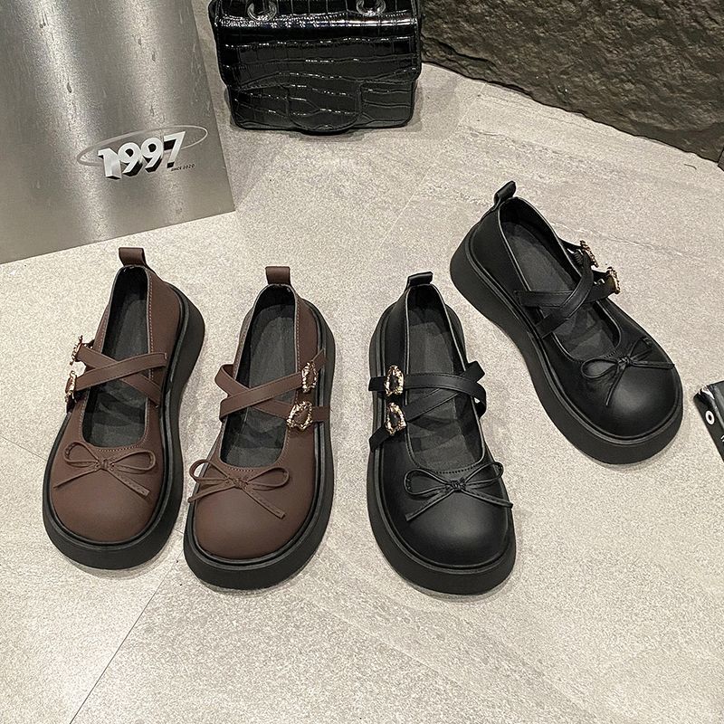 Brown bow platform Mary Jane shoes women's spring 2025 new retro college style jk versatile small leather shoes