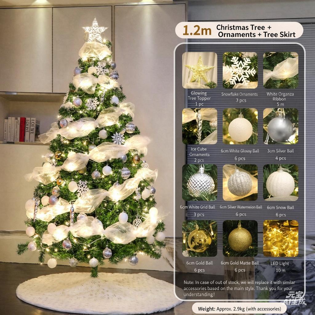 Foldable Artificial Christmas Tree Set, White Silver Decorations with LED Lights, 1.2m-1.8m Indoor Xmas Home Ornament