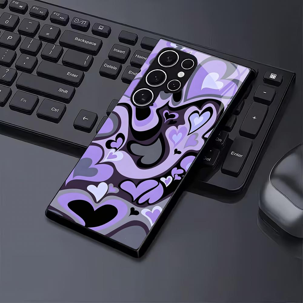 Purple heart-shaped black glass phone case suitable for Samsung Galaxy S26 S25 S24 S23 S22 S20FE/Ultra/Plus anti drop back cover