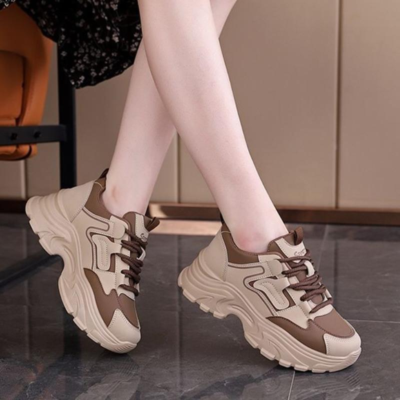 Trending Women's Chunky Sneakers  Leather Anti Slip Thick Sole Sports Shoes Comfortable Fashion Lace Up Footwear