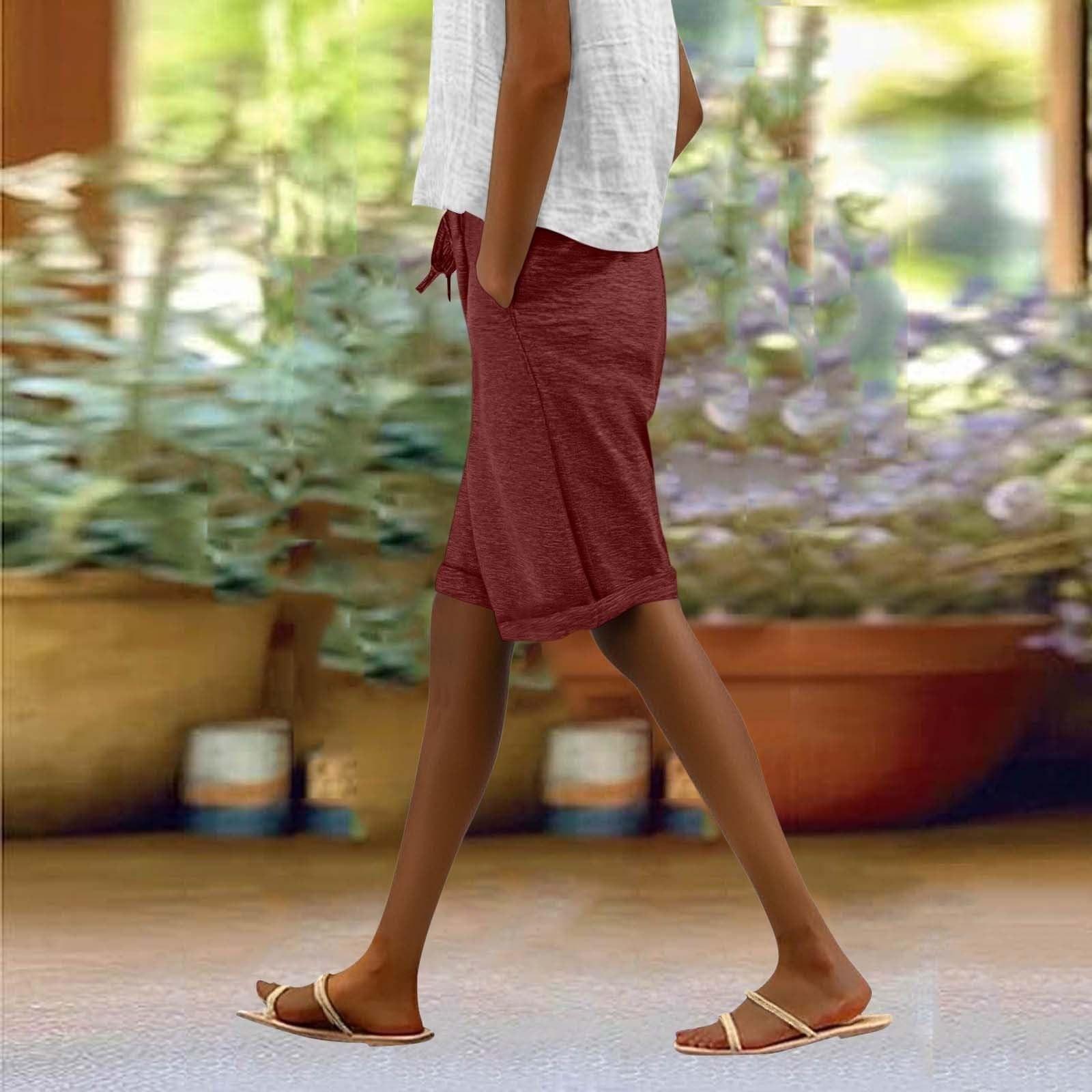 

Капри женские укороченные льняные брюки длиной до колена с высокой талией и карманами XL винный