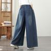 Plus Size Vintage Embroidery High Waist Casual Loose Women Spring Summer Autumn Jeans Denim Wide Leg Pants