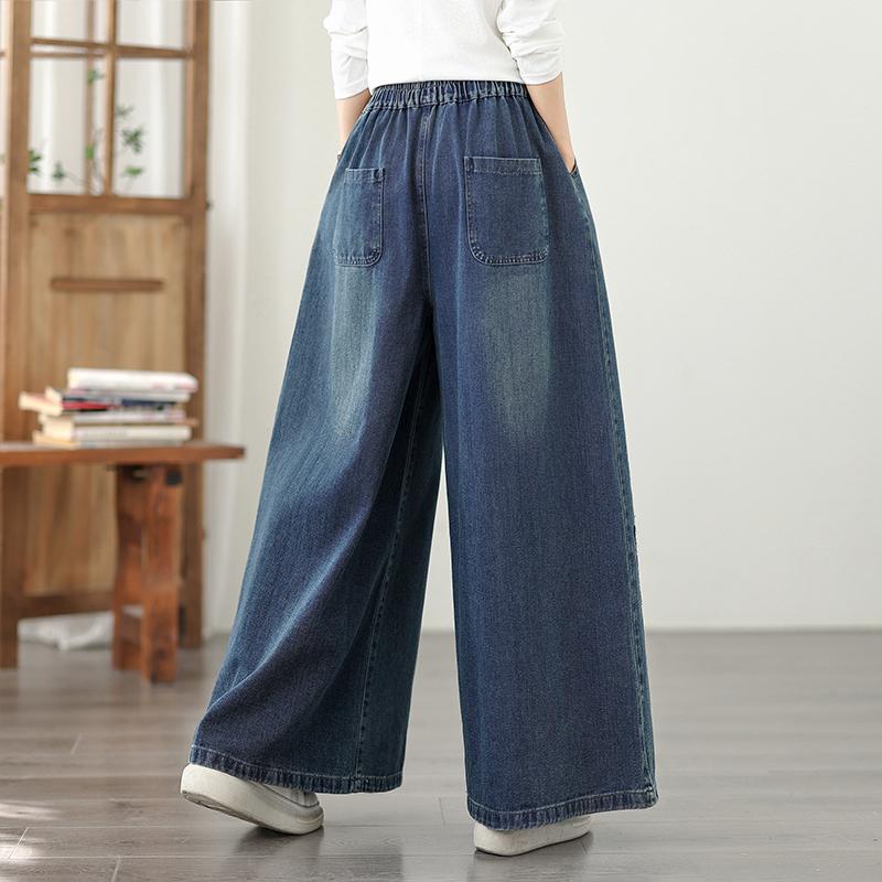 Plus Size Vintage Embroidery High Waist Casual Loose Women Spring Summer Autumn Jeans Denim Wide Leg Pants
