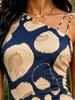 Navy Beige Abstract Leopard Print One Shoulder Spaghetti Strap Bodycon Midi Dress Slim Fit Waisted Dress