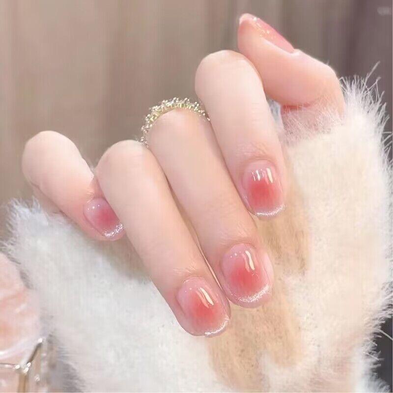 

Sunset Diamond in the Debris Short Children Nail Stickers Fake Nails Kids Wear Nail Short Student White Detachable Nail Tip Rose Cat s Eye Short