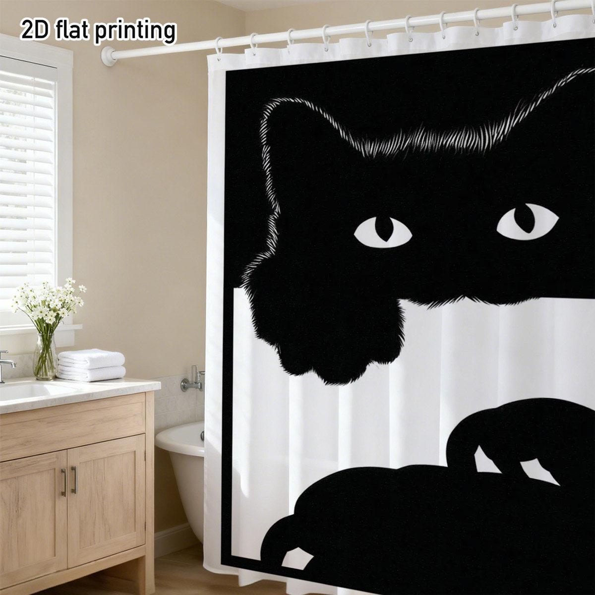 Annier Black 1Pc Cat Shower Curtain – Peeking Design, 2D Flat Print, Polyester Bathroom Decor, 72 X72 W/12 Hooks