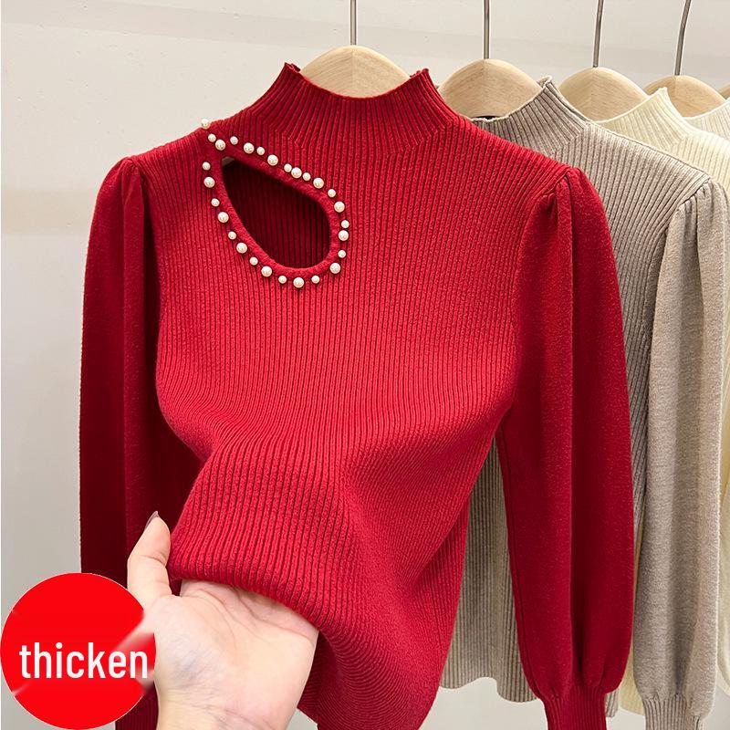 Women's High Neck Beaded Hollow-Out Knitted Sweater - Long-Sleeve Autumn/Winter Design