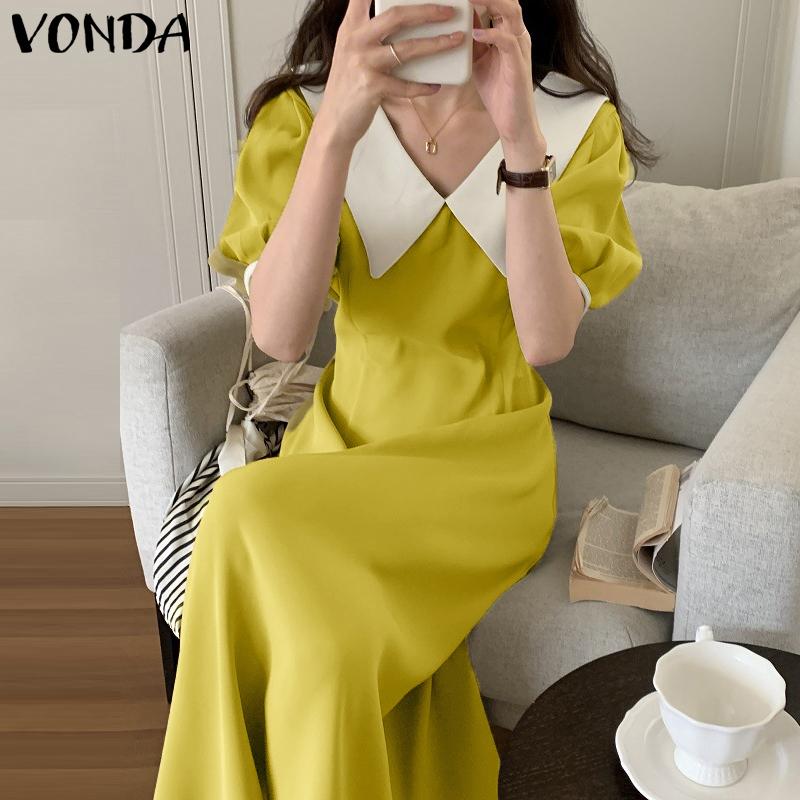 VONDA Women V Doll Collar Short Sleeve Solid Baggy Pleated Ankle Length Dress