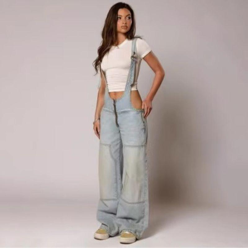 

Fashion Zipper Denim Suspenders Loose Pockets Wide-Leg Draggle-Tail Trousers Zipper Denim Overalls Light Blue S