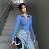 Lapel Zipper T-shirt Spring Autumn V-neck Long-sleeved Niche Design Slim Bottoming T-shirt POLO Collar One-piece Top