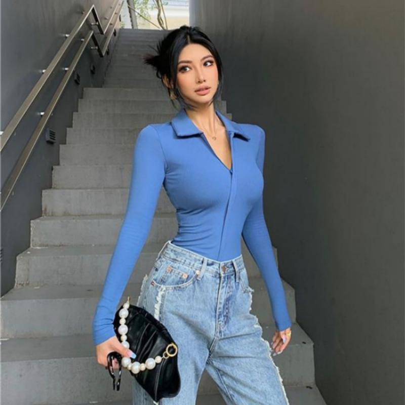 Lapel Zipper T-shirt Spring Autumn V-neck Long-sleeved Niche Design Slim Bottoming T-shirt POLO Collar One-piece Top