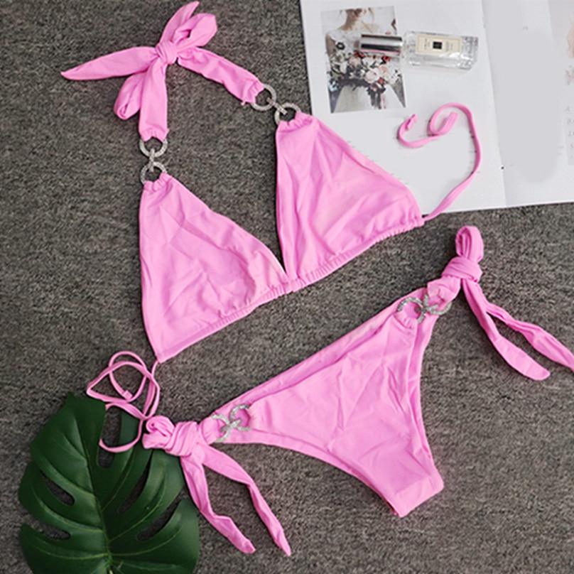 Kadın Moda Yaz Plaj Seksi Bikini Halter Dantel Up Bayanlar Düz Renk Mayo Ayrı Mayo Seti