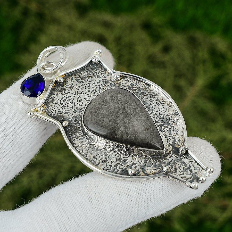 

Silver Sheen Obsidian Gemstone Tanzanite Quartz 925 Silver Wife Ethnic Pendant