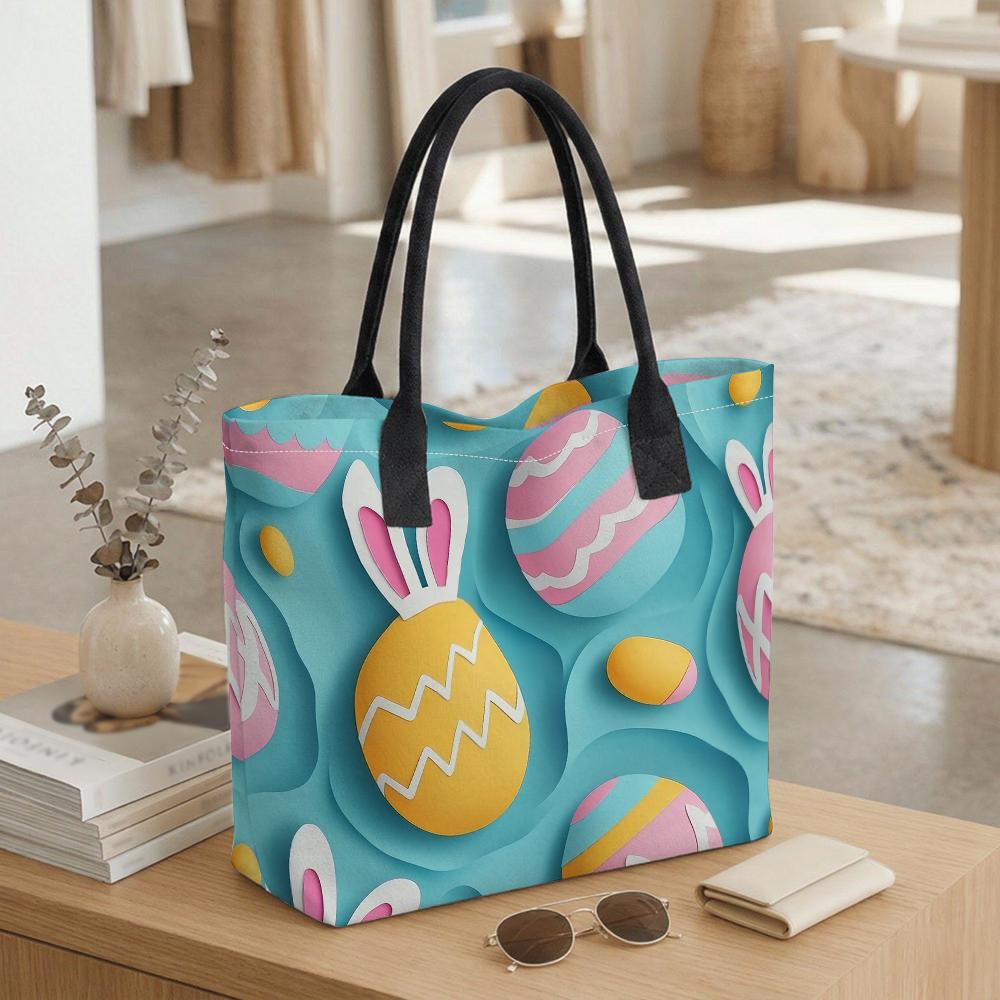 Easter Bunny Egg Printed Tote Bag Casual Large Capacity Portable Handbag for Daily Use