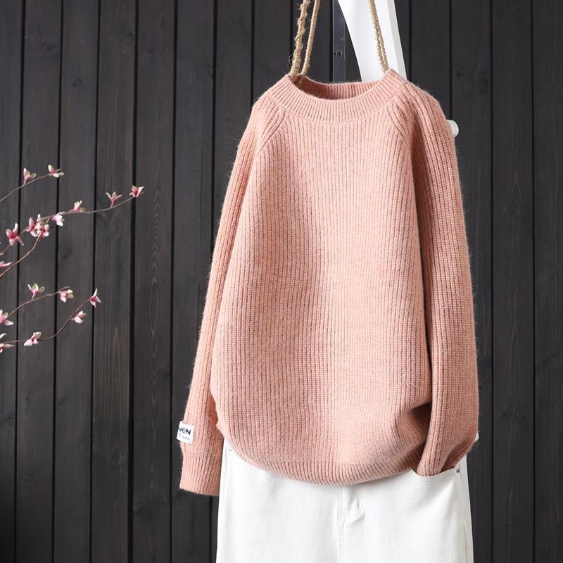 

Женский свитер свободной вязки с круглым вырезом осень/зима 2024 года: Простой однотонный свитер с длинными рукавами L