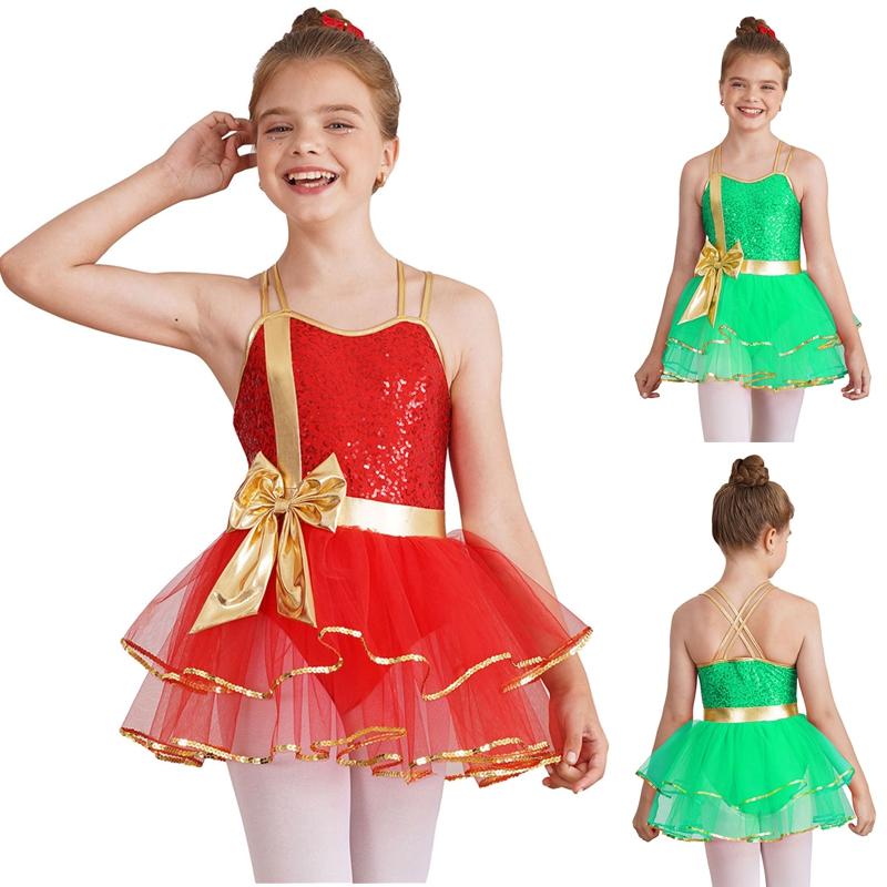 Girls Christmas Dance Dress Double Spaghetti Straps Sleeveless Shiny Sequins Bow Cami Leotard Bodysuit