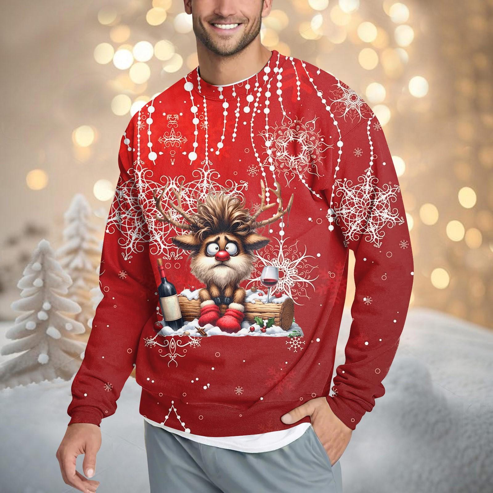

Мужская повседневная мода, удобная рождественская принтованная круглая горловина, свитер, толстовка XL винный