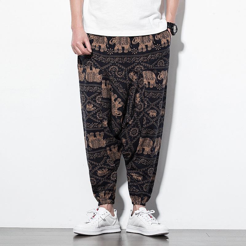 2026 Spring Men's Chinese-Style Cotton Linen Harem Pants - Printed Hip Hop Trousers