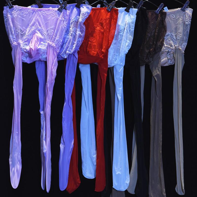 Men's 2 In 1 Lace Lingerie Stockings Plus Size U Convex Bag Stockings Shiny Tight Stockings