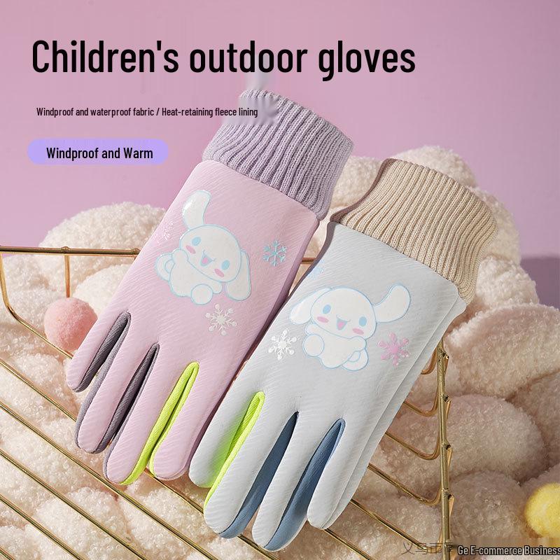 Kids' Winter Gloves: Fleece-Lined, Warm, Non-Slip, Waterproof for Skiing, Cycling, and Playing, with Cute Ribbed Cuffs and Five Finger Design.