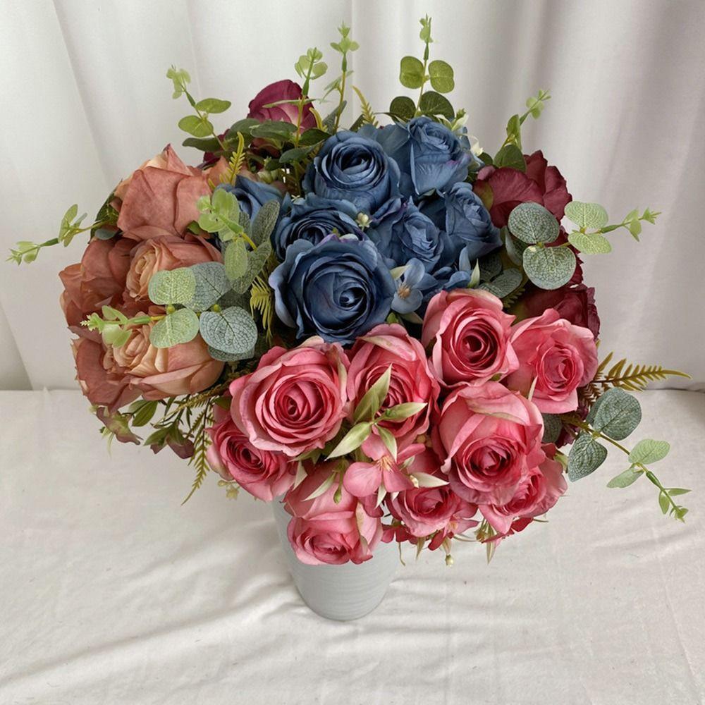 9 Heads Simulation Flower Bouquet Multicolor Faux Flower Creative Bridal Bouquet Desktop Ornament