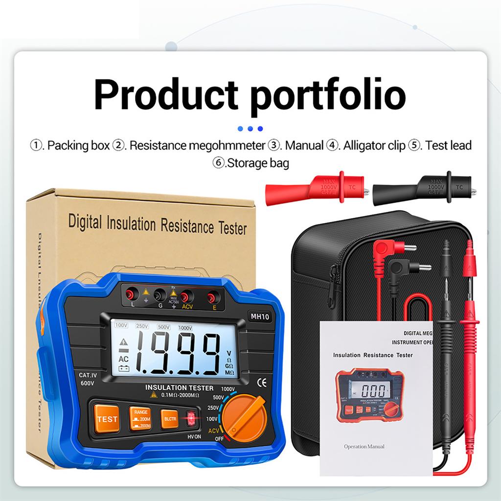 Insulation Resistance Tester 100VCelsius 250VCelsius 500VCelsius 1000V Resistance Tester with LCD Backlight Digital Display Screen
