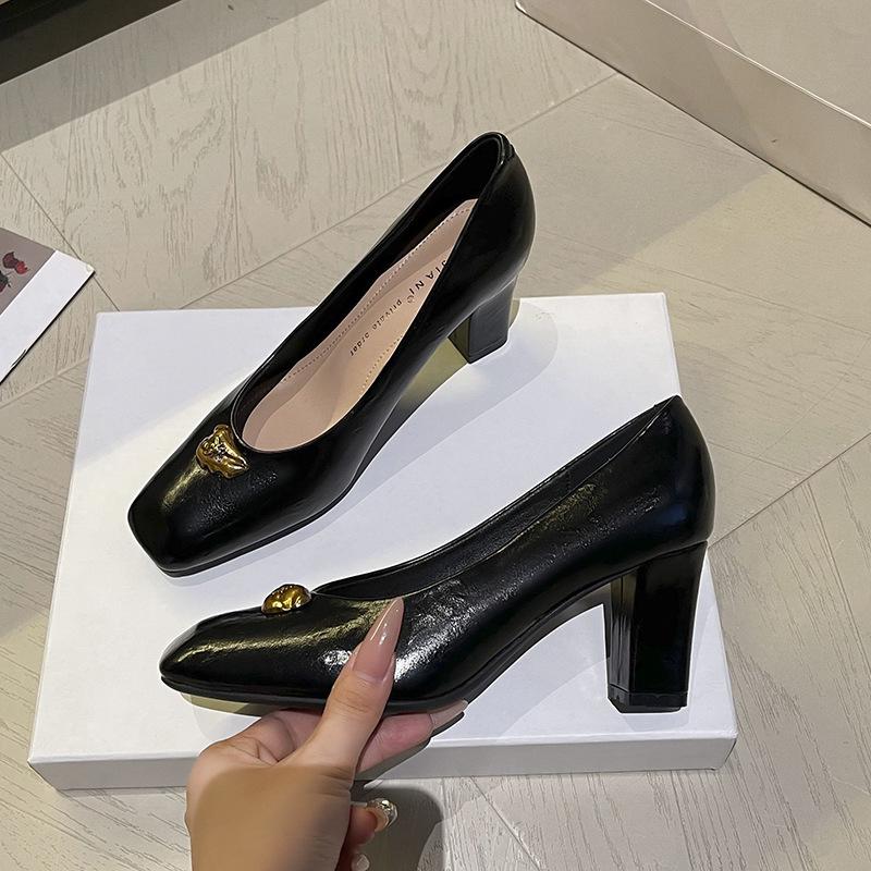 Retro Temperament Metal High Heels Women's Square Head Thick Heel Single Shoes Simple Versatile Not Tired Feet Autumn