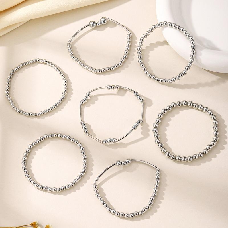Fashion Alloy Metal Irregular Bracelet Set Sweet Cool Beaded Round Bead Chain Stacked Bracelet Women