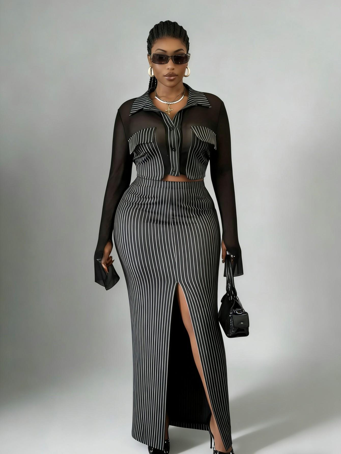 

European and American large size sexy striped mesh splicing short top, high waist split long skirt fashion suit skirt D 0XL