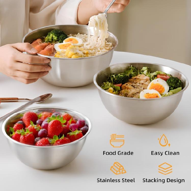 Modern Stainless Steel Mixing Bowl Set Space Saving Stackable Transparent Cover Food Storage Container