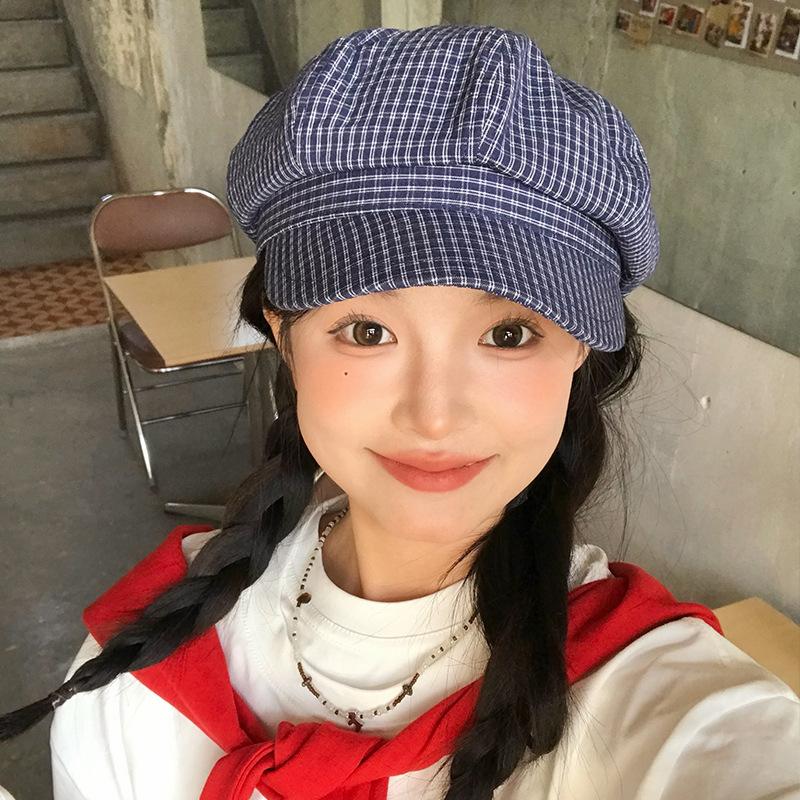Blue Plaid Korean Octagonal Hat Spring And Summer Thin Versatile Face Ducktongue Beret Casual Hat