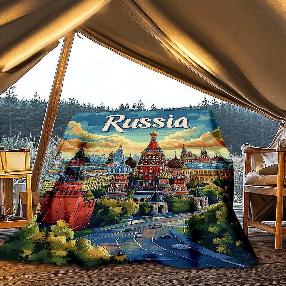 1pc Russia , Moscow Outdoor Flannel Blanket Soft All Season Polyester Throw , Perfect for Picnics & Travel , Picnic Accessory