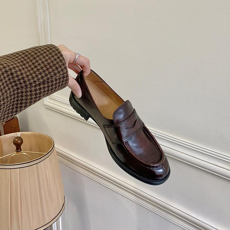 Cowhide~ Wang Xiaodou Same Retro Leather One-pedal Lazy Loafers Women's New Handmade Small Leather Shoes Single Shoes