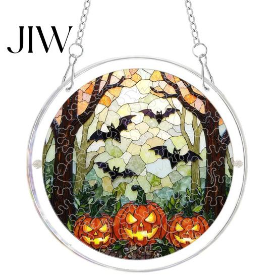 Halloween Party Hanging Props Acrylic Puzzle Window Suncatcher, Stained Glass Style Ornament Classroom Festive Wall Sign with Metal Chain, Decorative