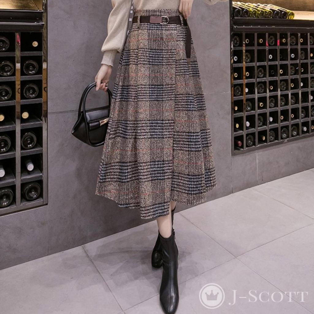 Asymmetrical Flared Midi Glen High with J-Scott Skirt, Length, Plaid, Waist, Tweed, Belt, Brown, JS23-BR-M